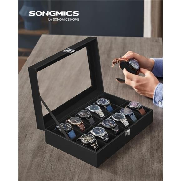 Watch Box 12-Slot Watch Case w Large Glass Lid Removable Watch Pillows Organizer - Picture 6 of 6